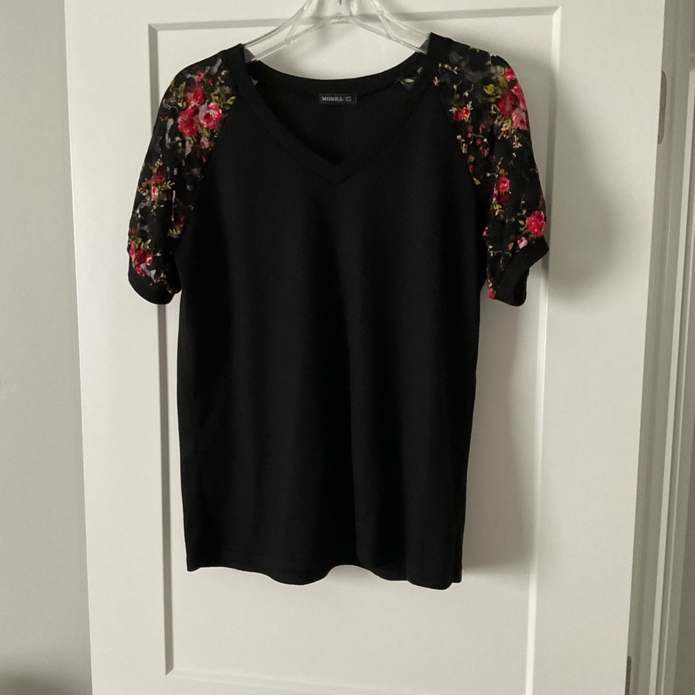 Black Short Sleeve Blouse with Floral Accents